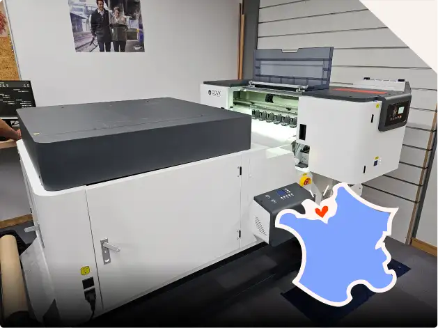 Machine d'impression textile DTF dans l'atelier HM Marquage en Normandie